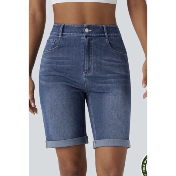 Halara Flex Denim High Waist Cuffed Leg Stretch Bermuda 9in Shorts Womens L - Picture 1 of 13